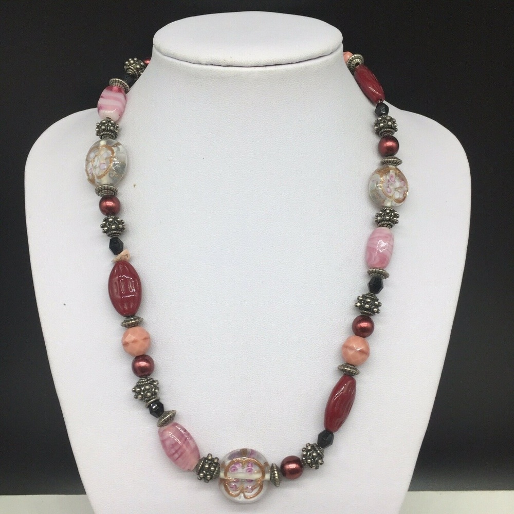 Chico's Pink Art Glass Faux Pearl Beaded Necklace